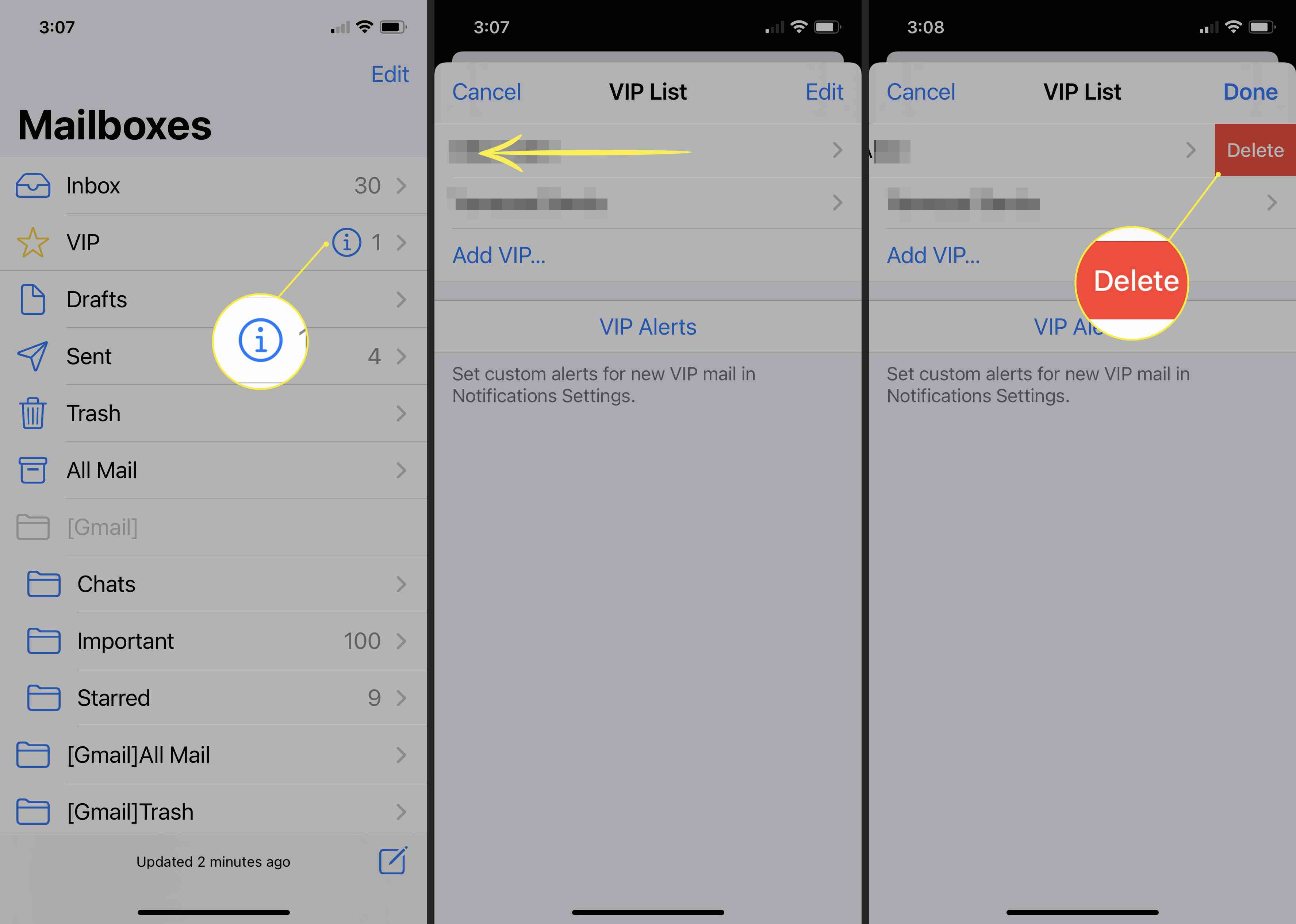 Seznam VIP iOS Mail se zvýrazněnou možností Odstranit