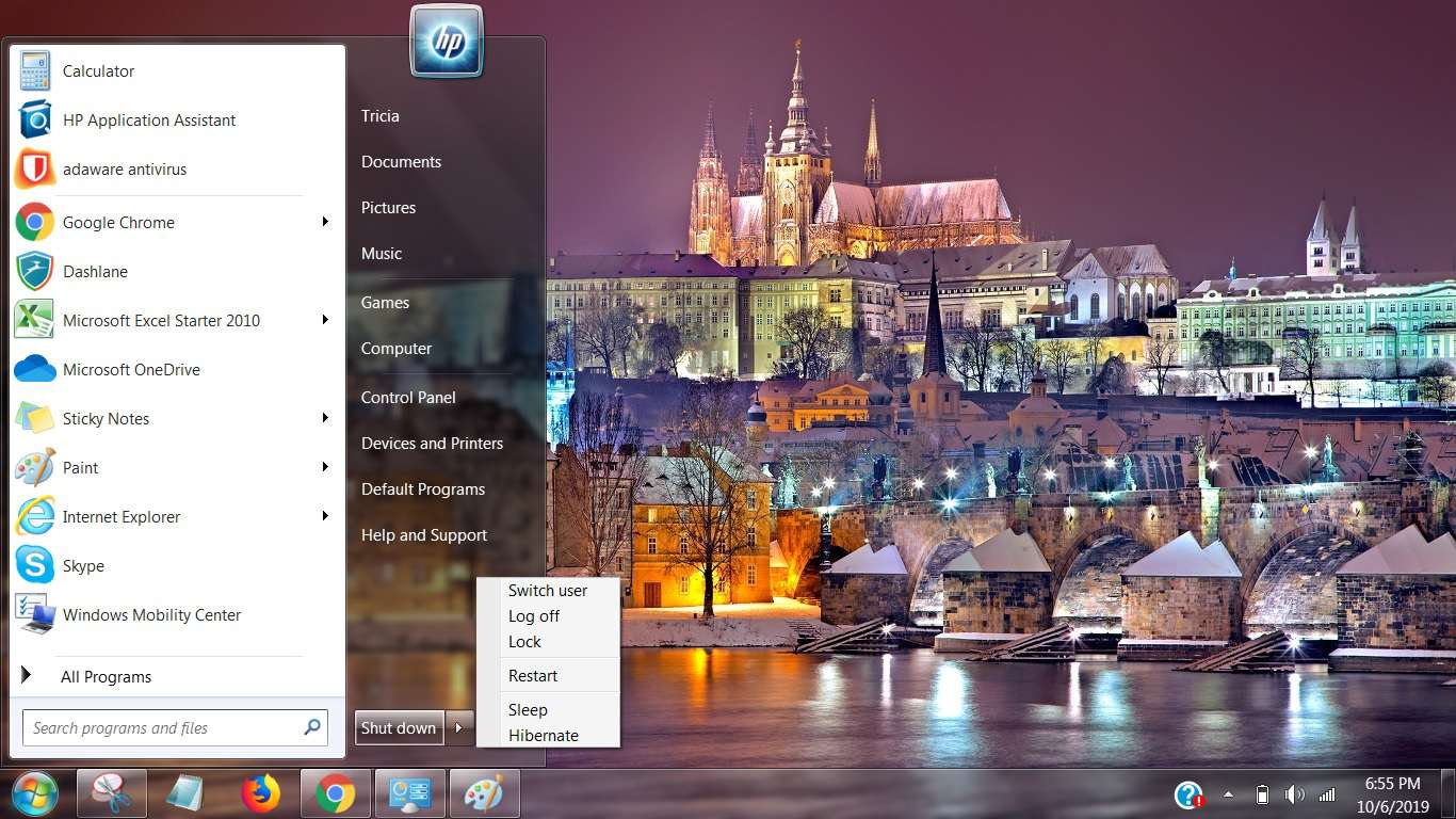 Snímek obrazovky zobrazující Vypnout v nabídce Start systému Windows 7