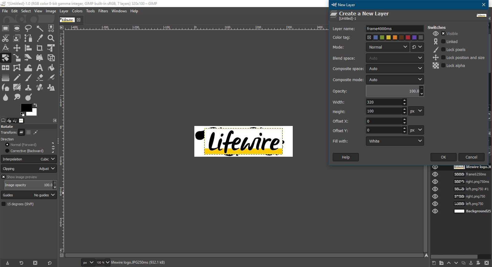 Přidání loga Lifewire do animace v GIMPu.