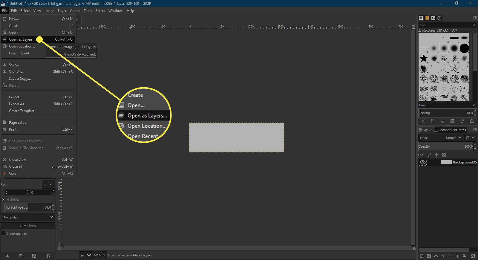 Snímek obrazovky GIMP se zvýrazněným příkazem „Otevřít jako vrstvy“