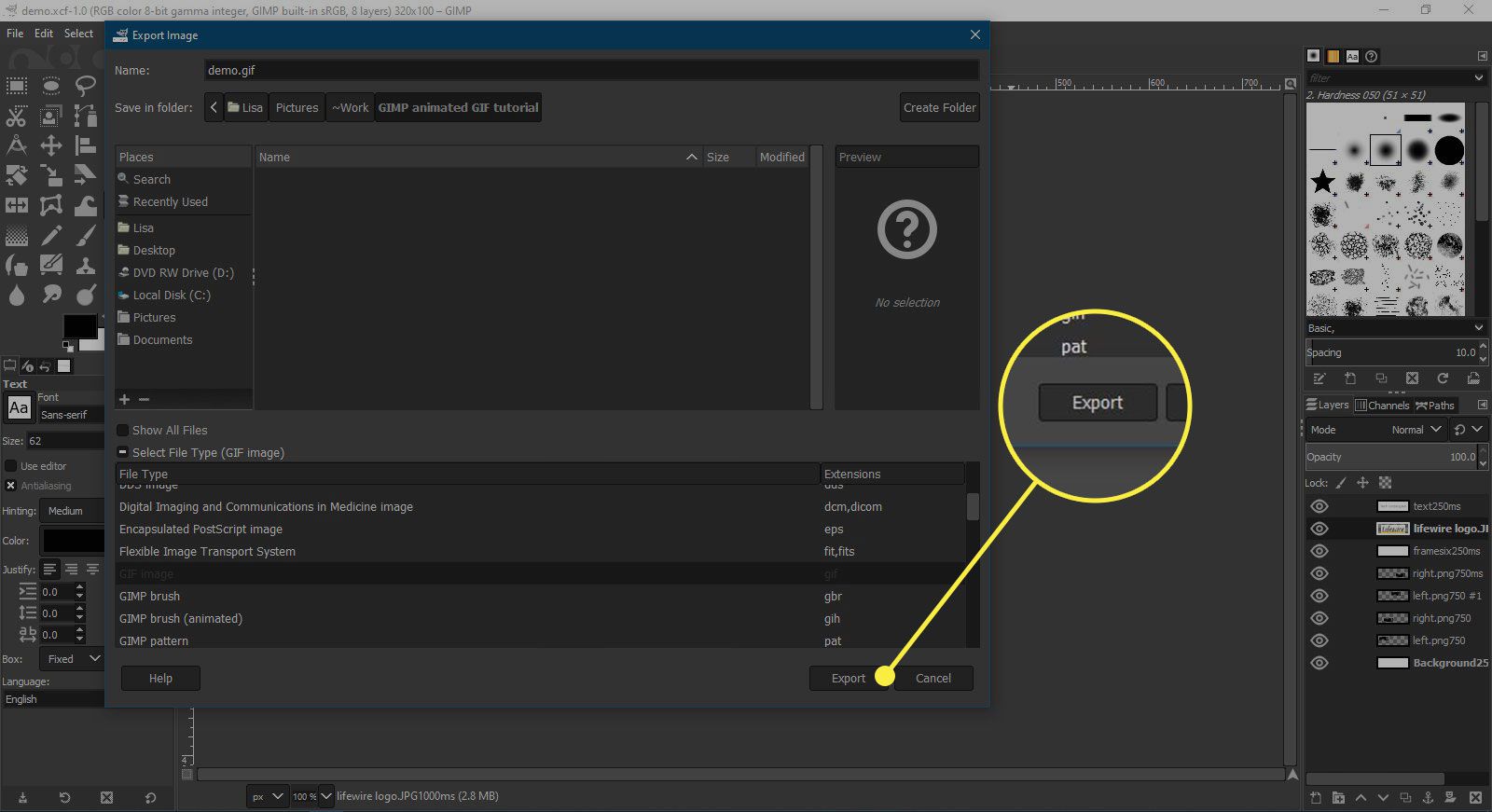 Snímek obrazovky okna Export GIMPu se zvýrazněným tlačítkem Export
