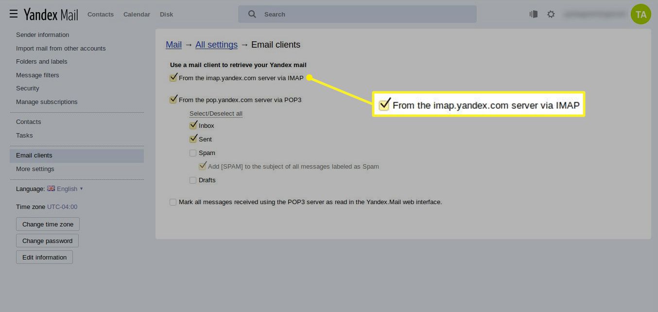Nastavení e -mailových klientů Yandex Mail