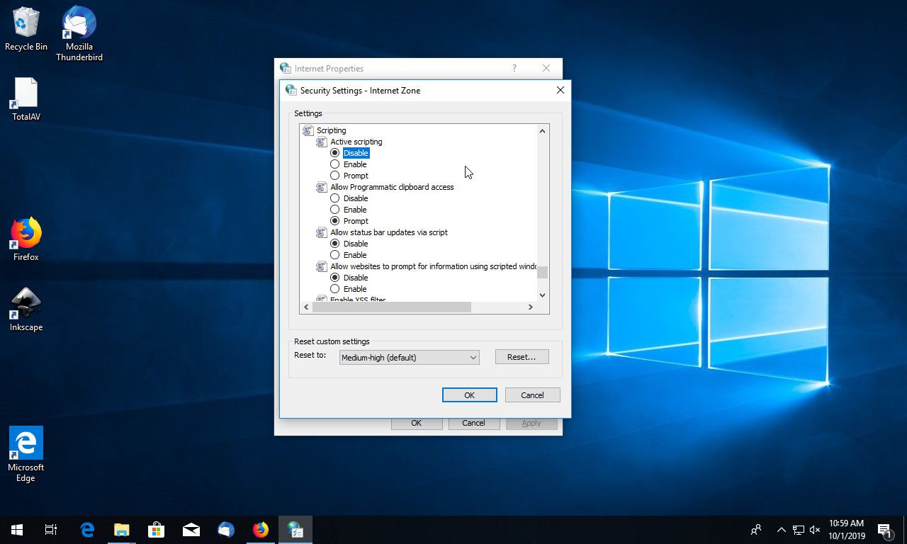 Nastavení zabezpečení Windows 10 Internet s deaktivovaným aktivním skriptováním
