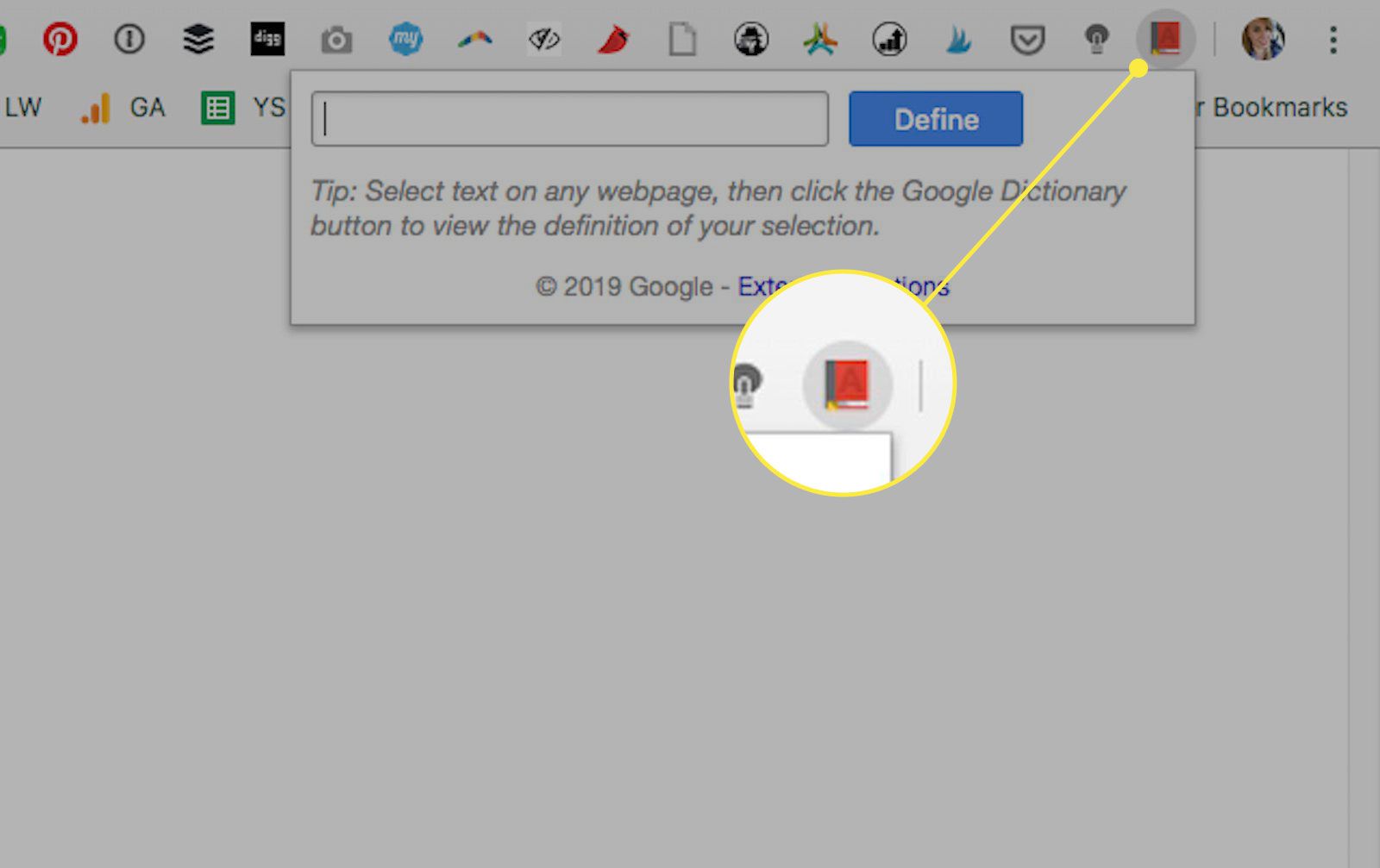Tlačítko rozšíření slovníku v prohlížeči Chrome