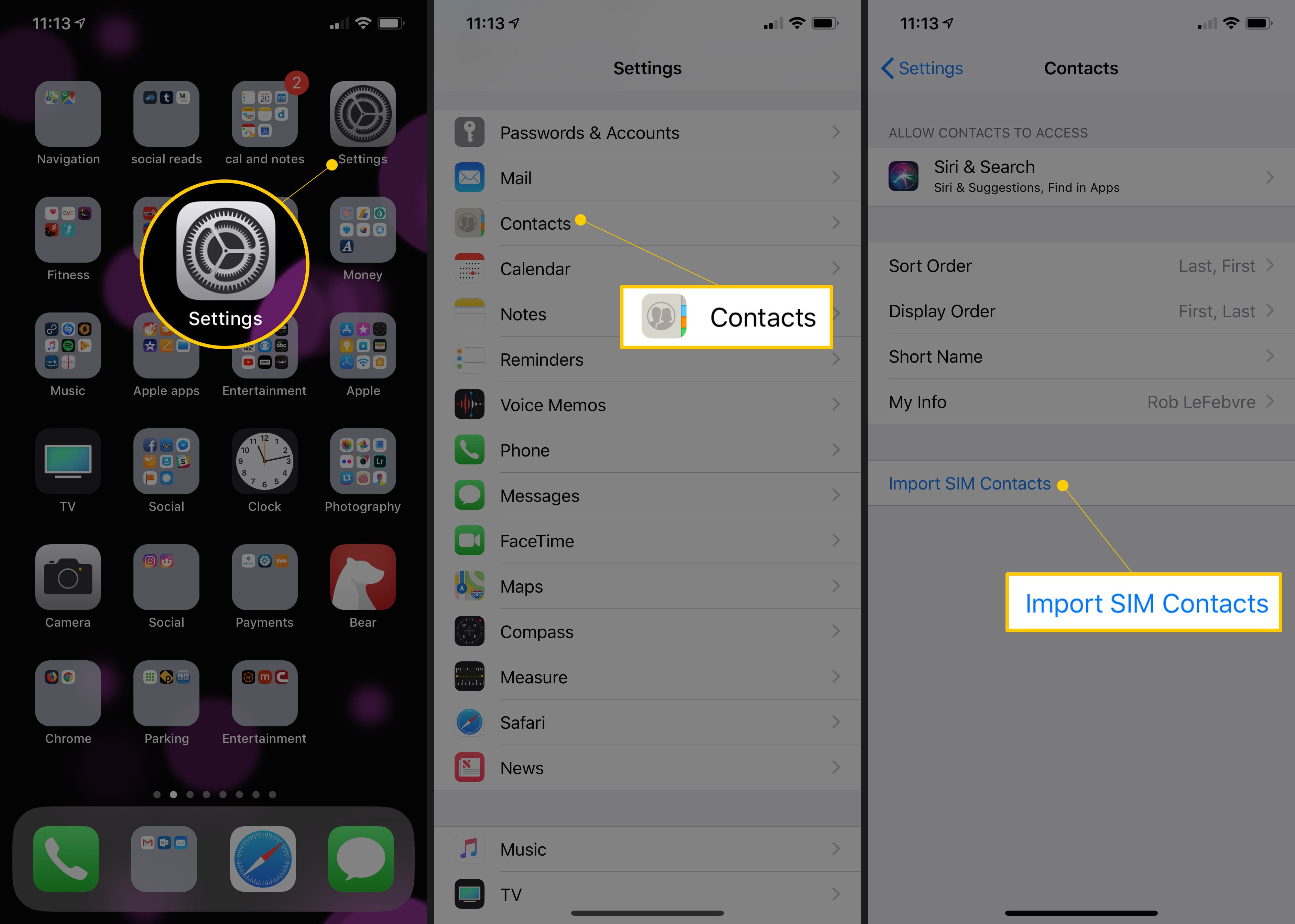 Tři obrazovky iOS zobrazující ikonu aplikace Nastavení, tlačítko Kontakty a tlačítko Importovat kontakty na SIM