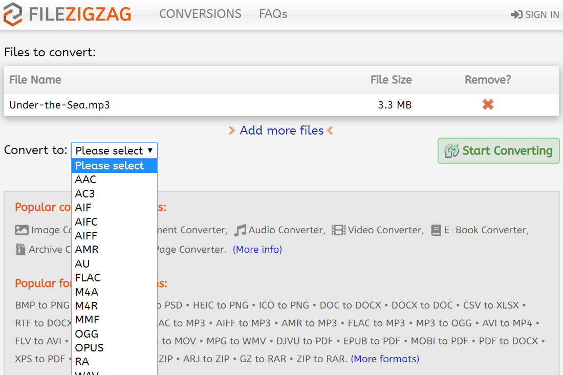FileZigZag převádějící soubor MP3