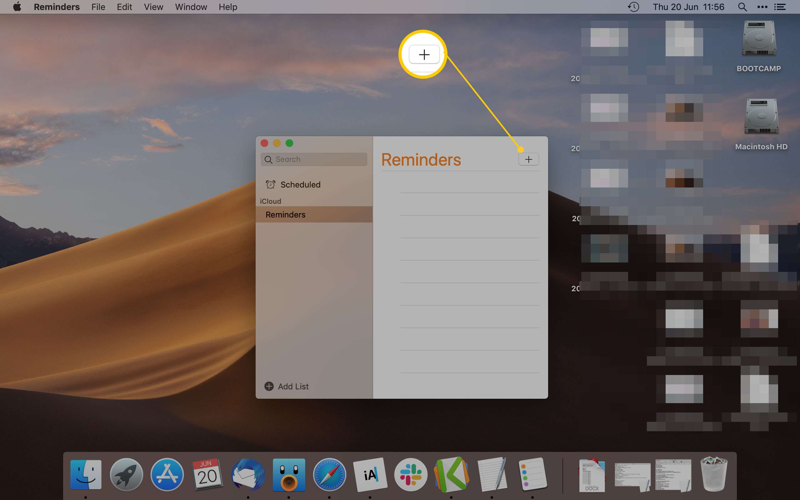 Aplikace Mac Reminder zvýraznění ikony Přidat