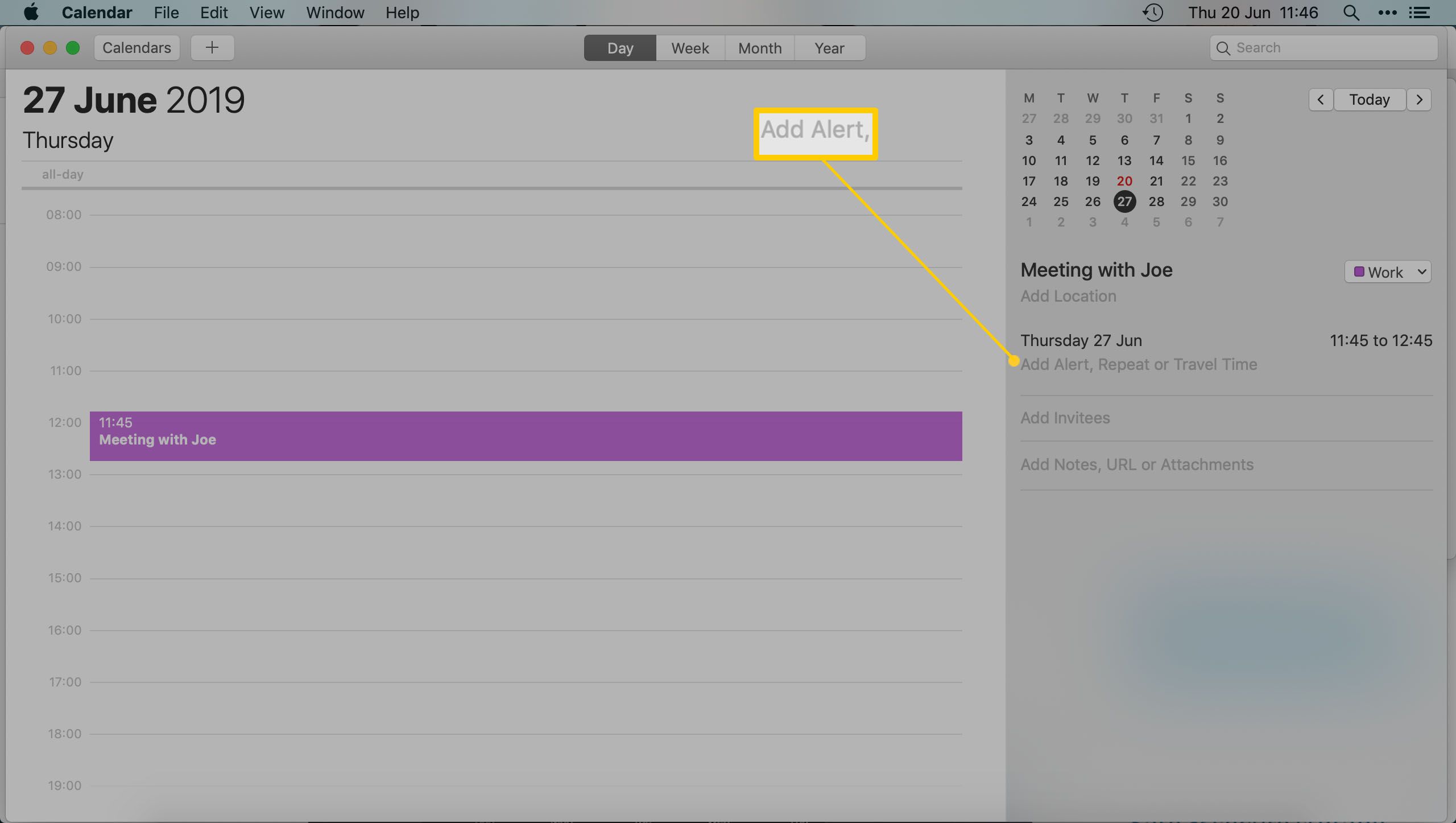 Aplikace Kalendář Mac - zvýraznění přidání upozornění na schůzku
