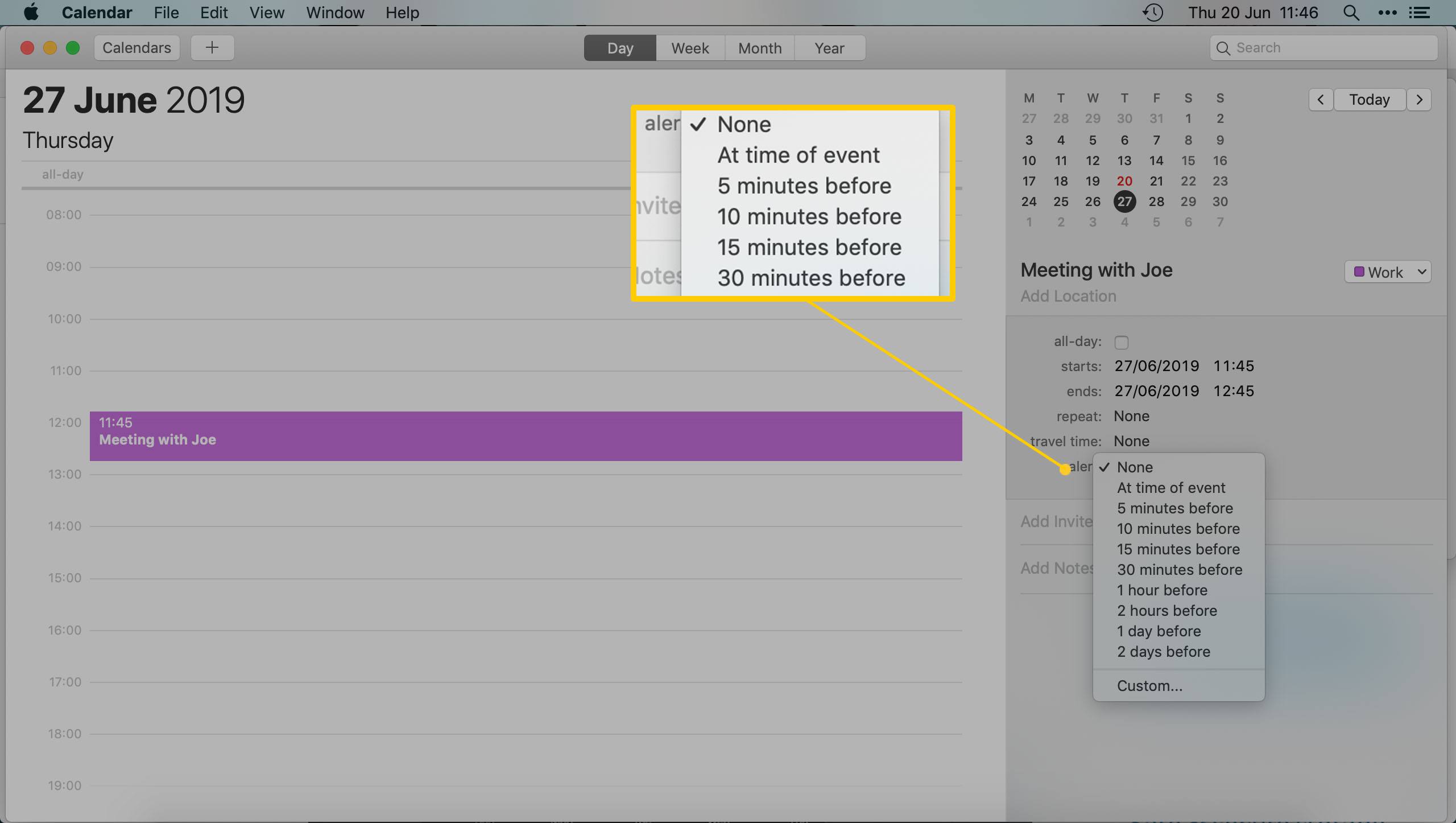 Aplikace Kalendář Mac - Nastavení časovaného upozornění na schůzku