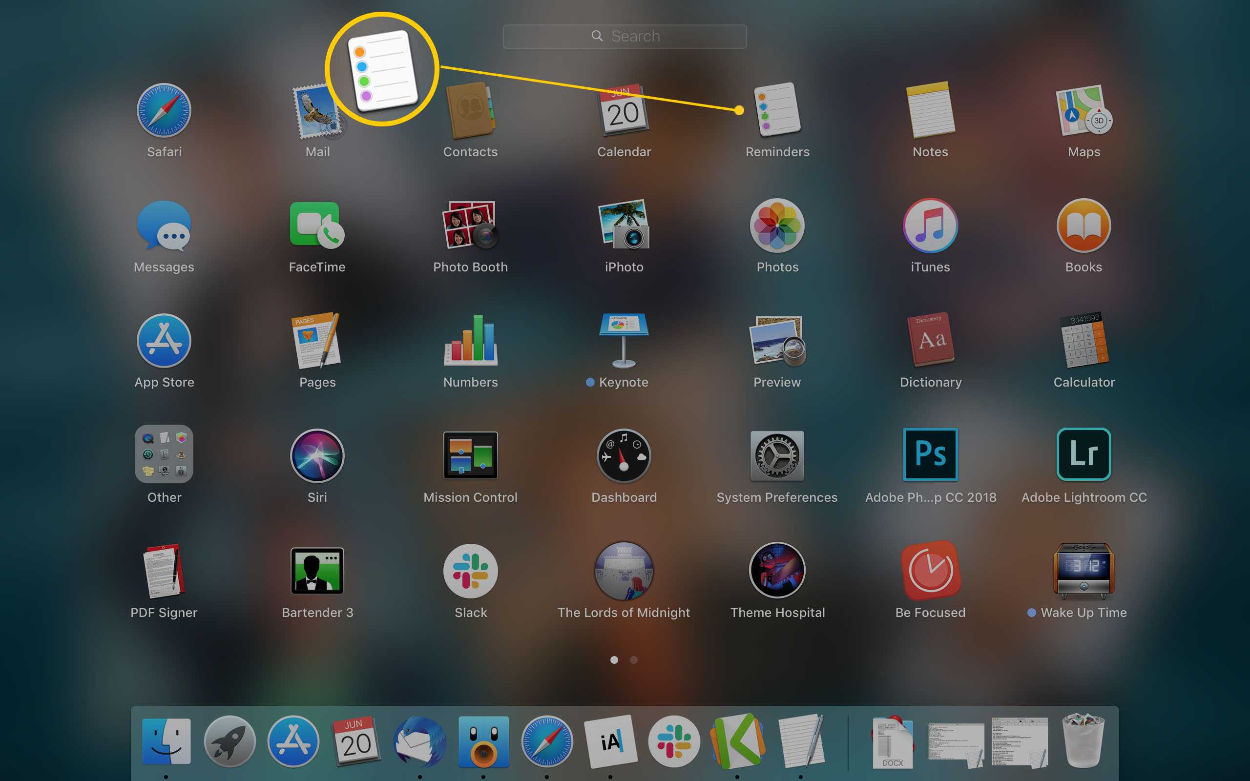 Mac Launchpad zobrazující připomenutí