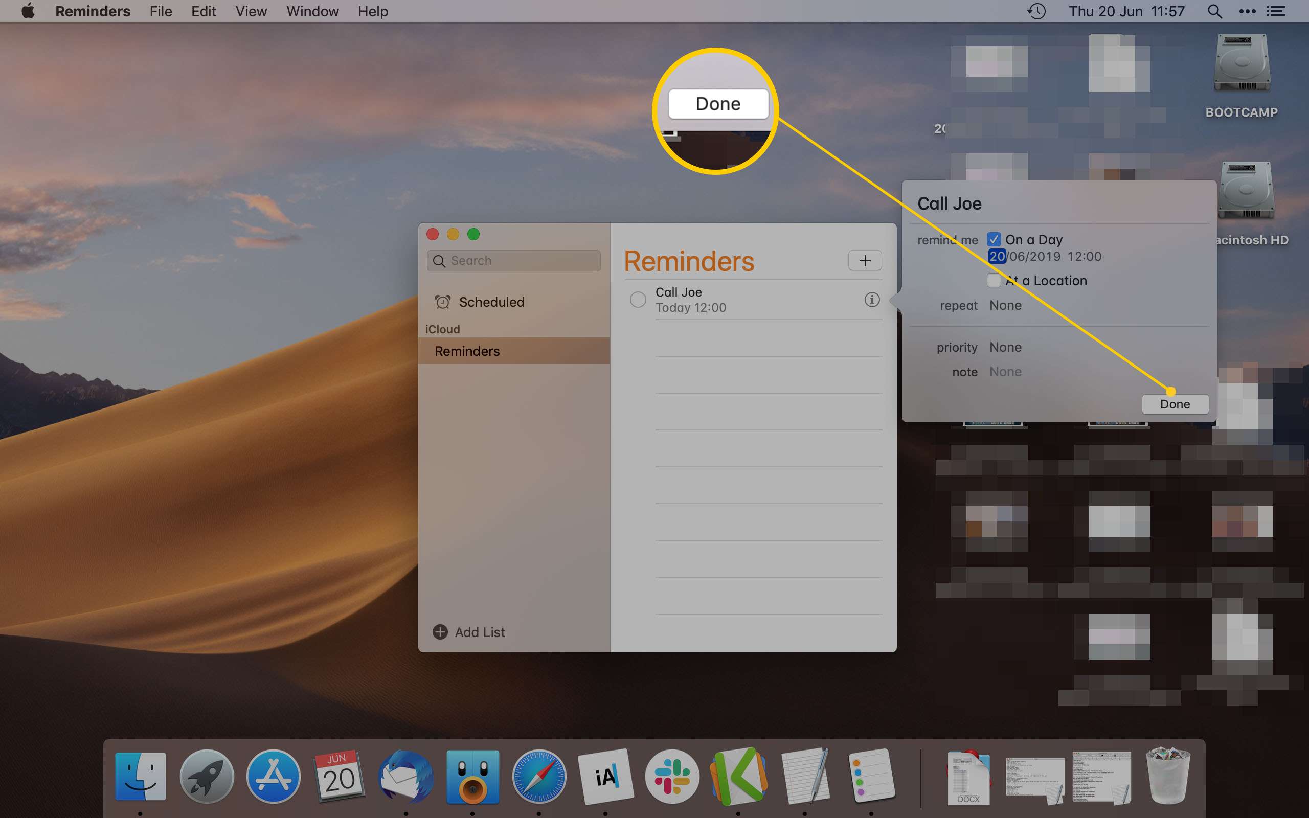 Aplikace Mac Reminder zvýraznění tlačítka Hotovo