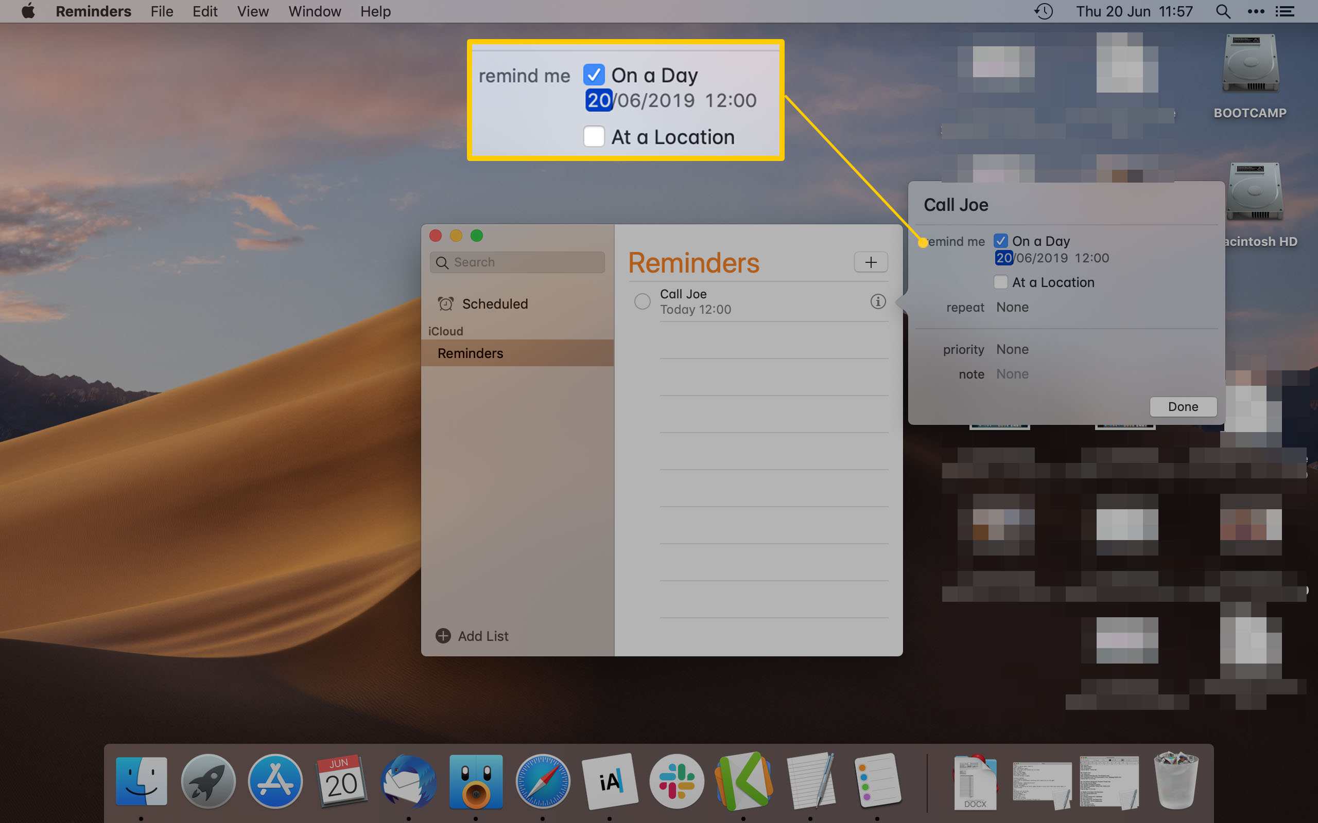 Aplikace Mac Reminder zvýraznění možností Připomenout v den