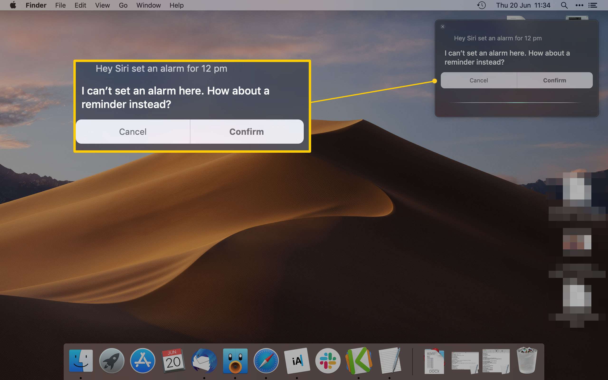 Mac Desktop zobrazující Siri nastavení připomenutí