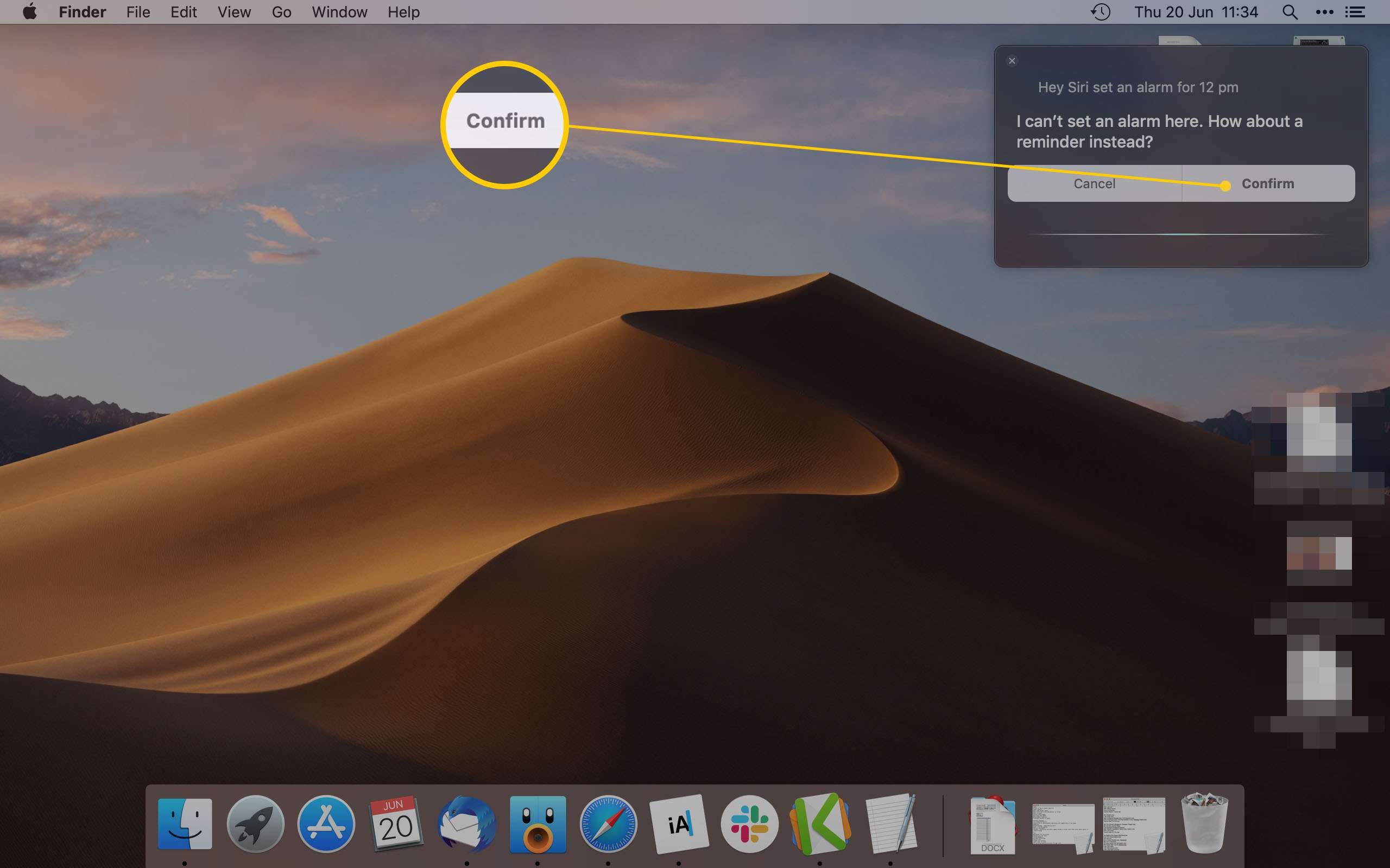Mac Desktop potvrzující alarm/připomenutí přes Siri