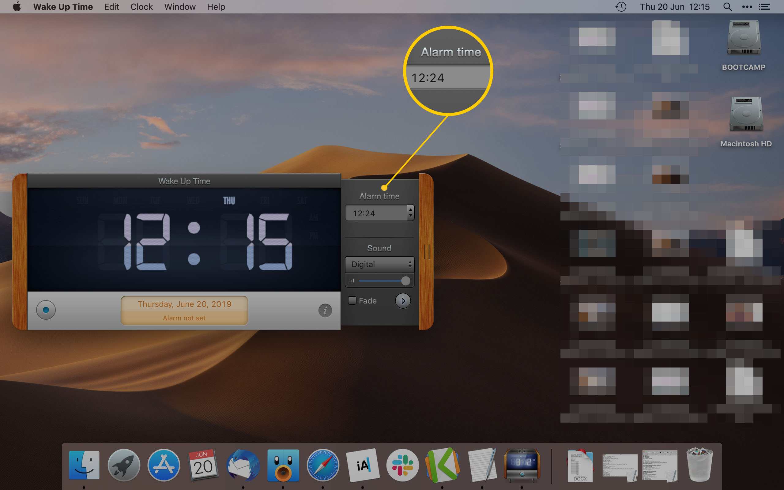 Wake Up Time App na Macu zobrazující, jak nastavit čas budíku