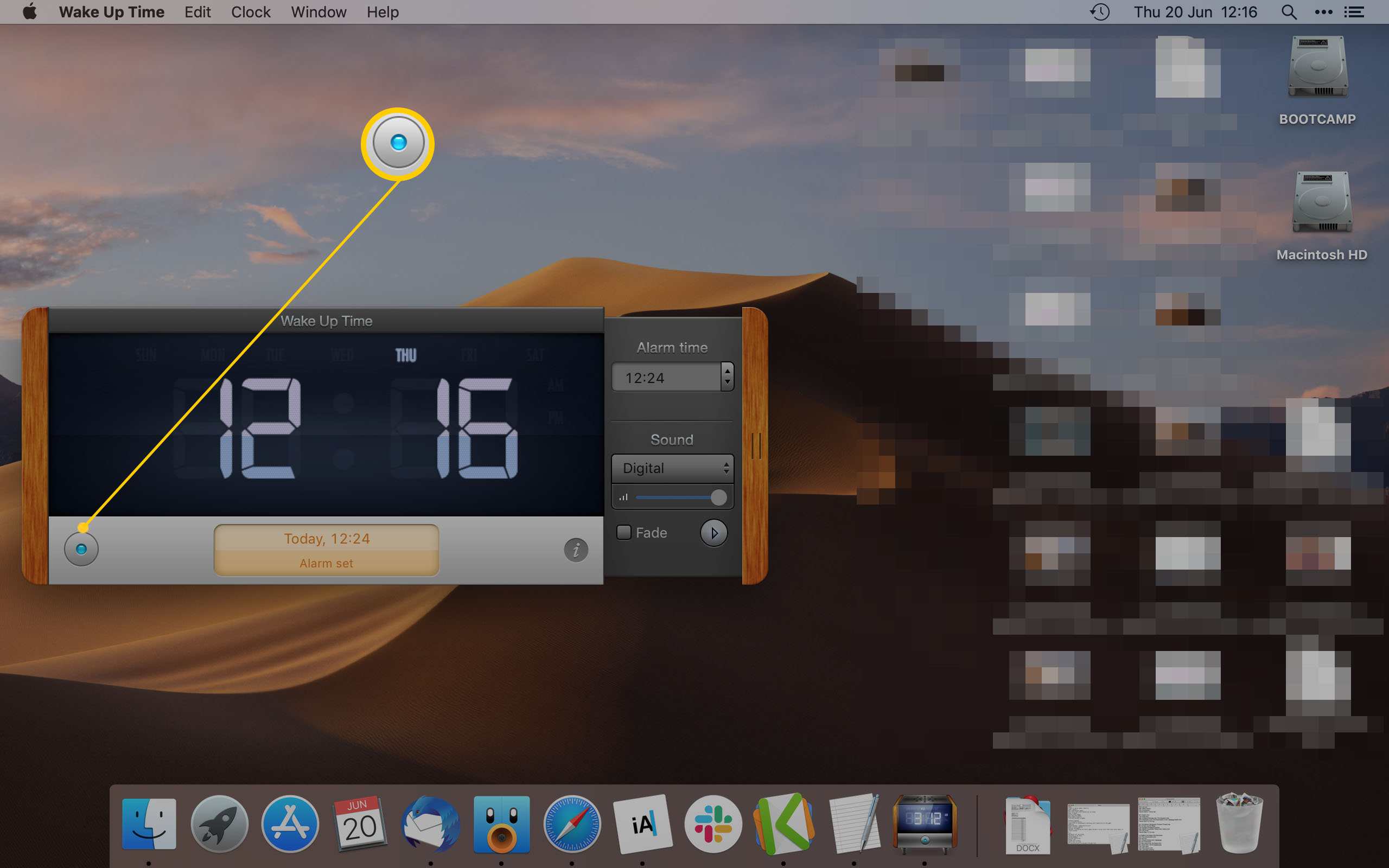 Wake Up Time App pro Mac zobrazující, jaké tlačítko stisknout pro nastavení budíku