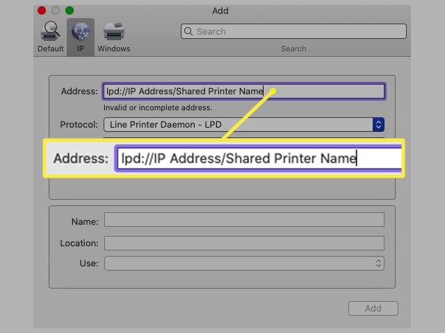 Přidání IP adresy pro tiskárnu
