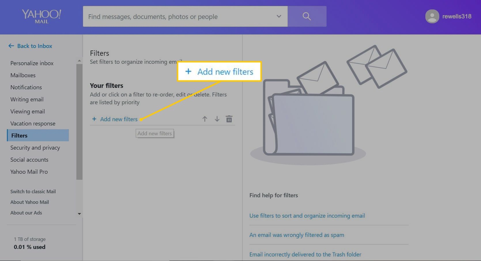 Tlačítko Přidat nové filtry v Yahoo Mail