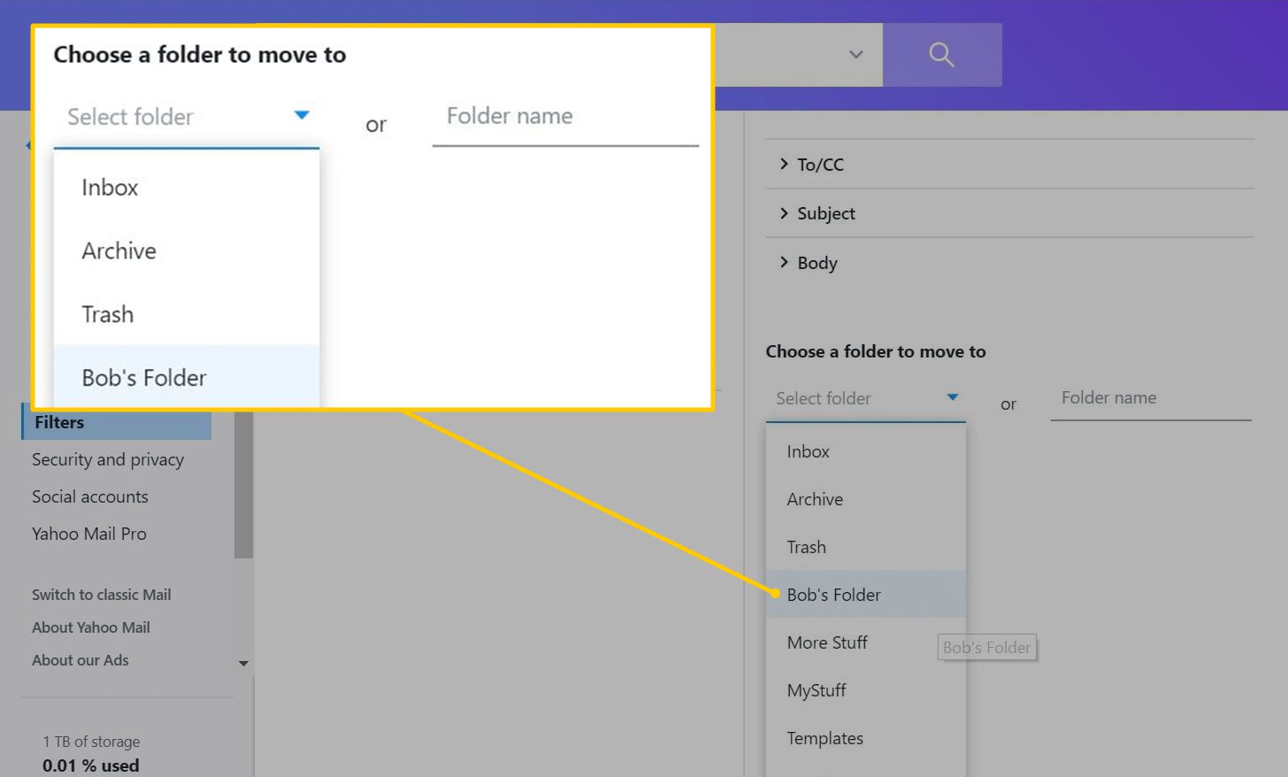 Vyberte složku, kterou chcete přesunout do sekce ve filtrech Yahoo