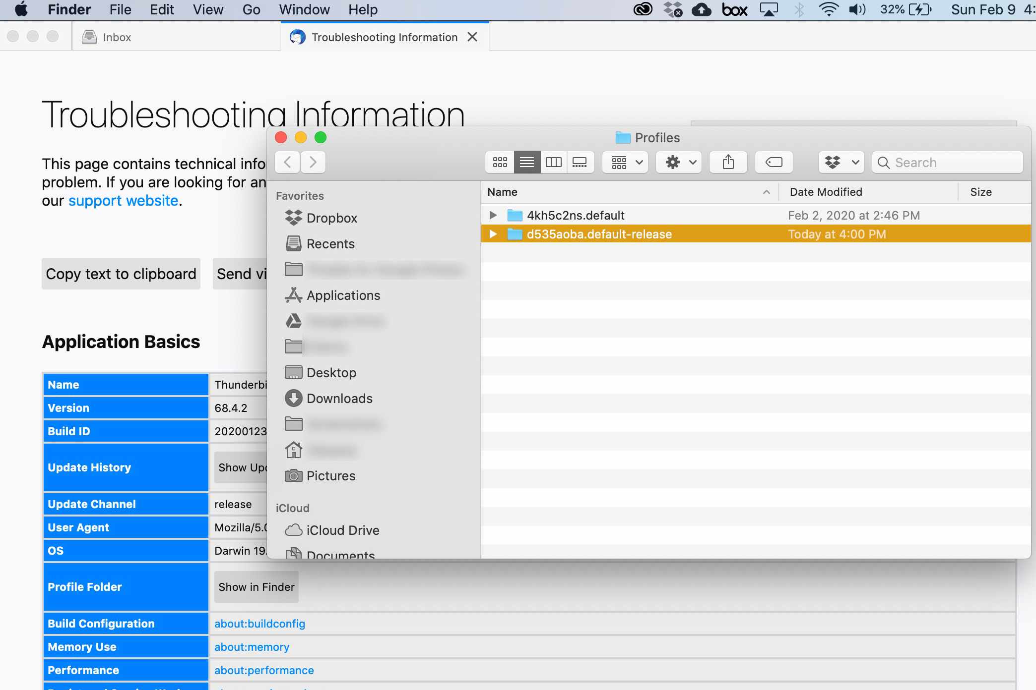 Složka profilu Thunderbird ve vyhledávači macOS