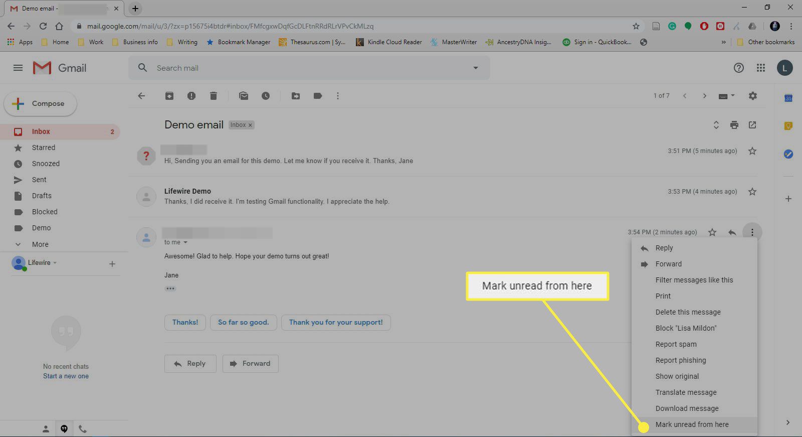 Snímek obrazovky Gmailu se zvýrazněným příkazem „Označit jako nepřečtené“