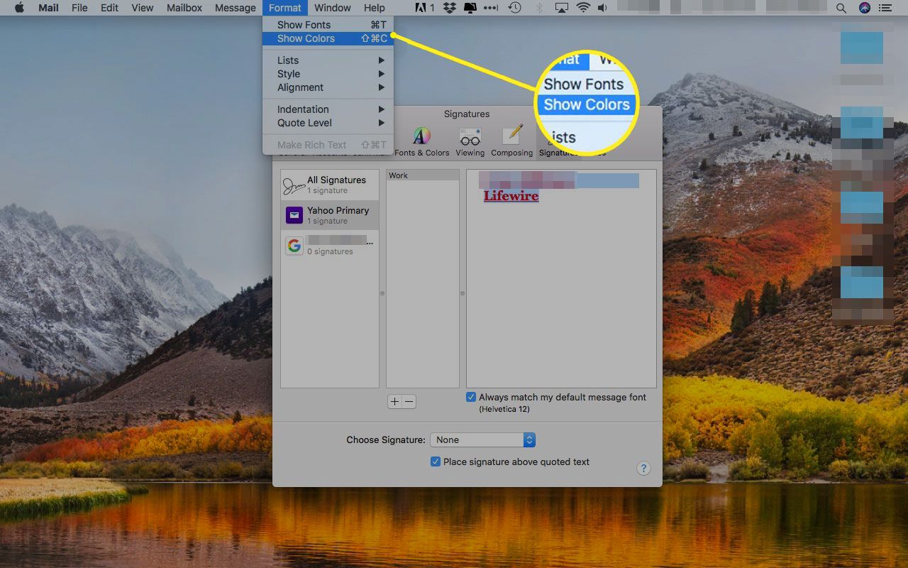 Apple Mail se zvýrazněnou možností Zobrazit barvy v nabídce Formát