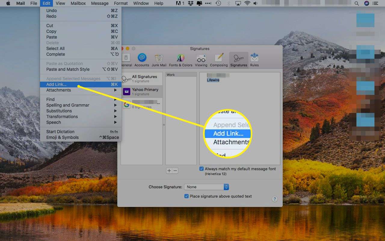 Apple Mail se zvýrazněnou možností Přidat odkaz v nabídce Úpravy