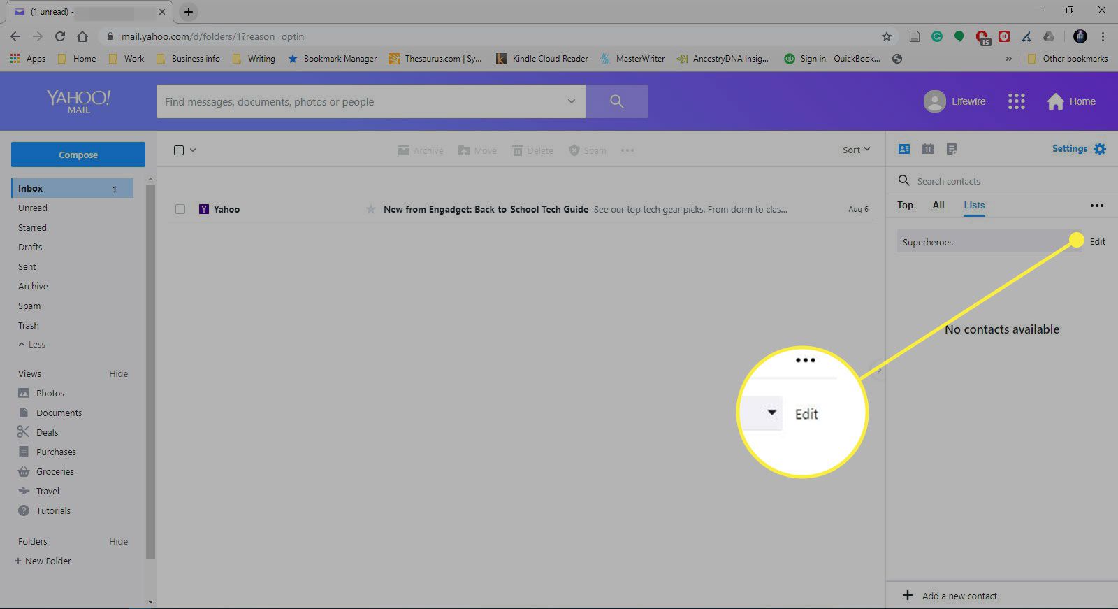 Snímek obrazovky obrazovky Seznamy v Yahoo Mail se zvýrazněným tlačítkem Upravit
