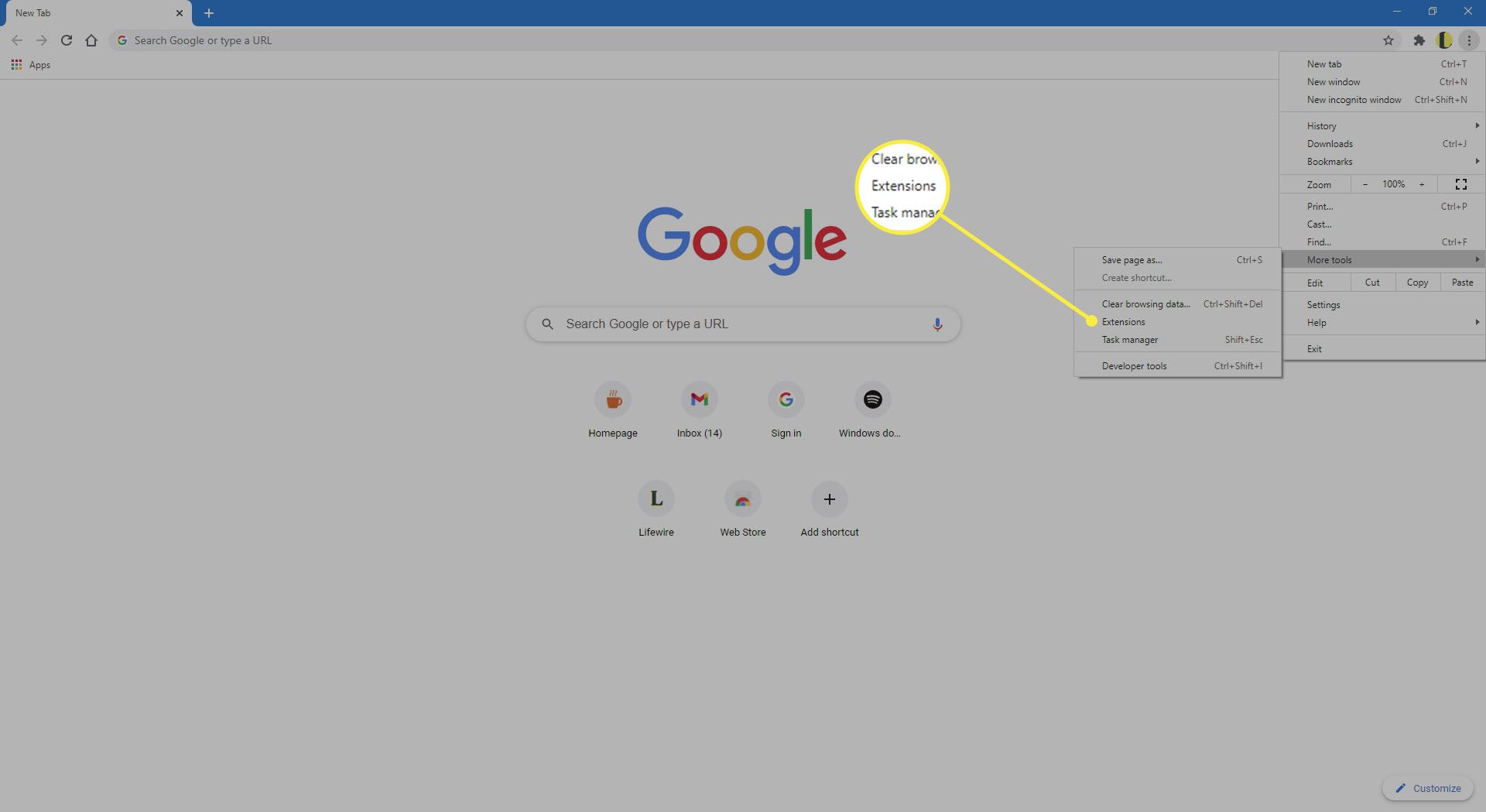 Výběr nastavení rozšíření v prohlížeči Chrome.