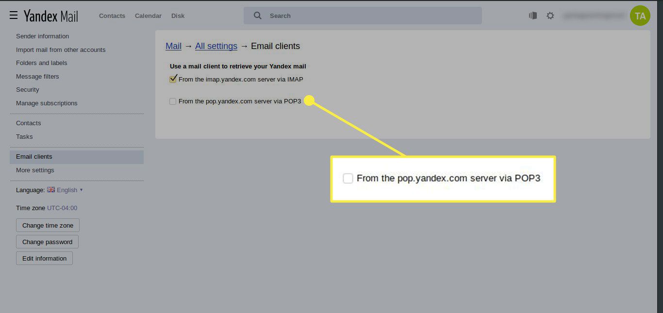 Snímek obrazovky nastavení Yandex Mail se zvýrazněnou možností „Ze serveru pop.yandex.com přes POP3“