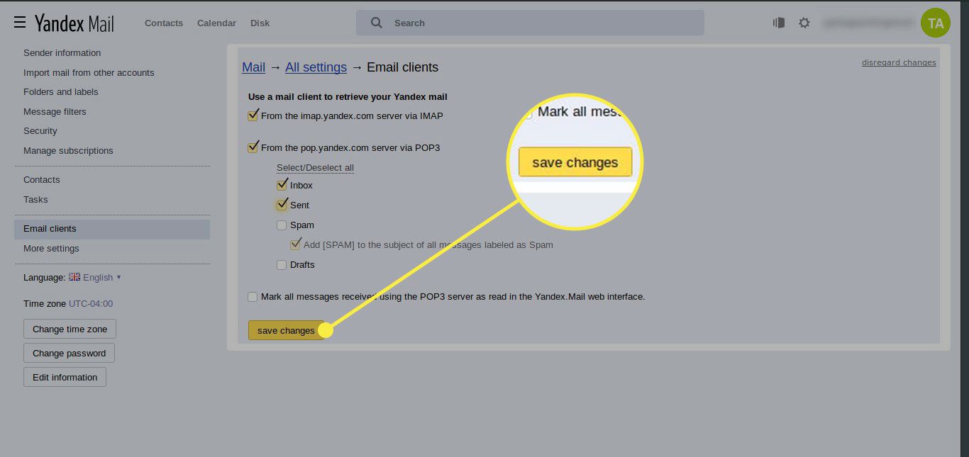 Snímek obrazovky nastavení Yandex Mail se zvýrazněným tlačítkem Uložit změny