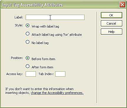 Okno možností pro atributy přístupnosti vstupních značek