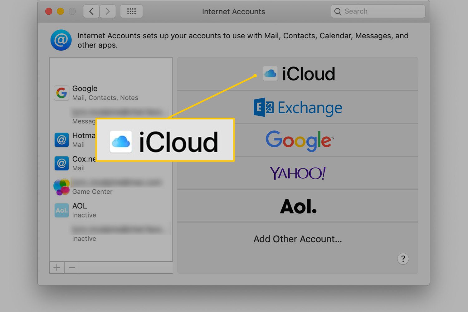 Ikona iCloud v podokně Internetové účty v Předvolbách systému