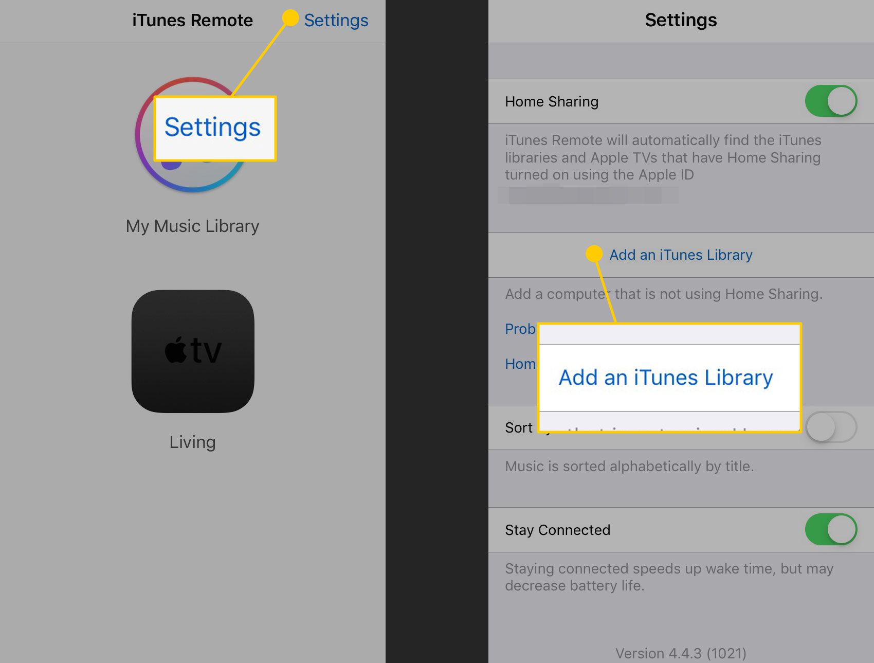 Aplikace iTunes Remote na iPhonu se zvýrazněnými možnostmi Nastavení a Přidat knihovnu iTunes