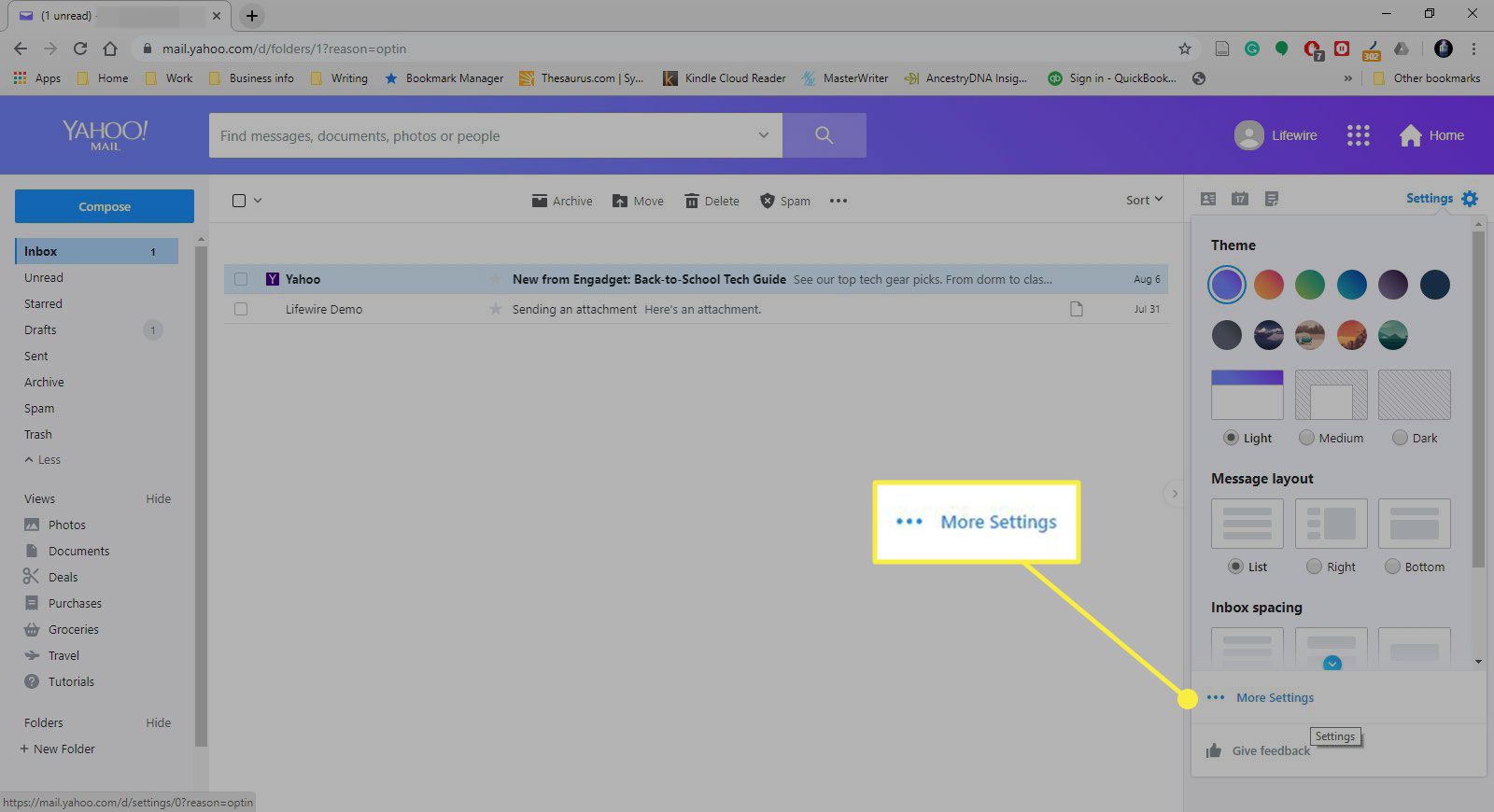 Snímek obrazovky Yahoo Mail se zvýrazněným tlačítkem Další nastavení
