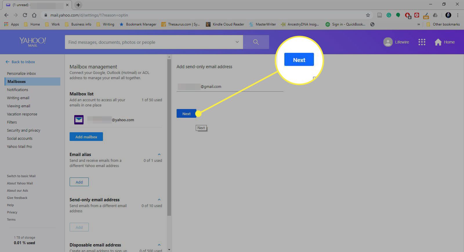 Snímek obrazovky v části „Přidat e-mailovou adresu pouze pro odesílání“ v Yahoo Mail se zvýrazněným tlačítkem Další