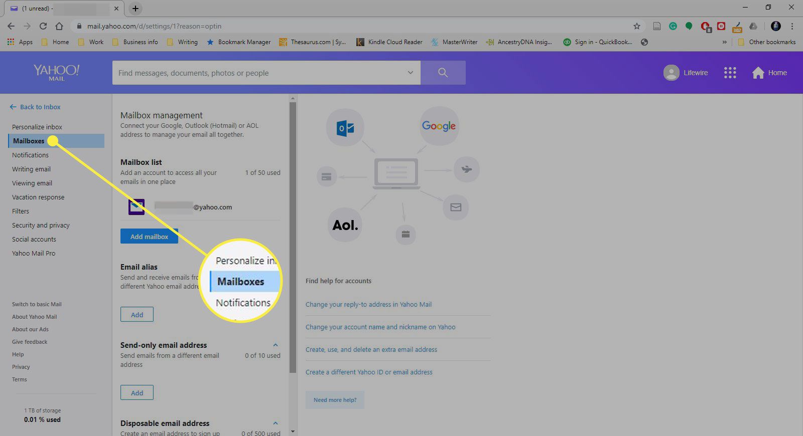 Snímek obrazovky nastavení Yahoo Mail se zvýrazněnou sekcí Poštovní schránky