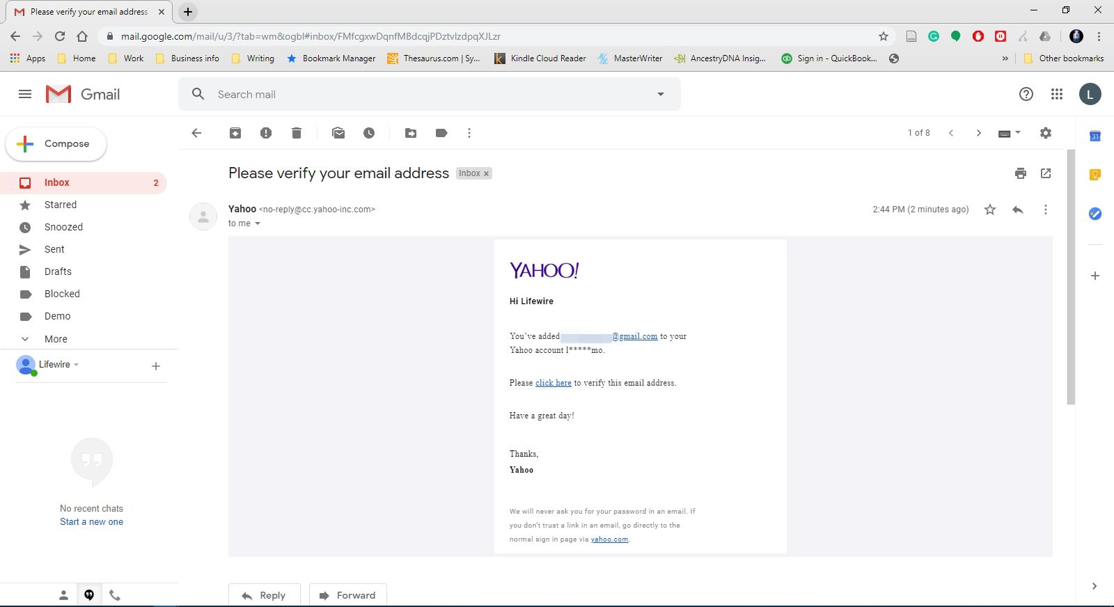 Ukázkový e -mail z Yahoo Mail.