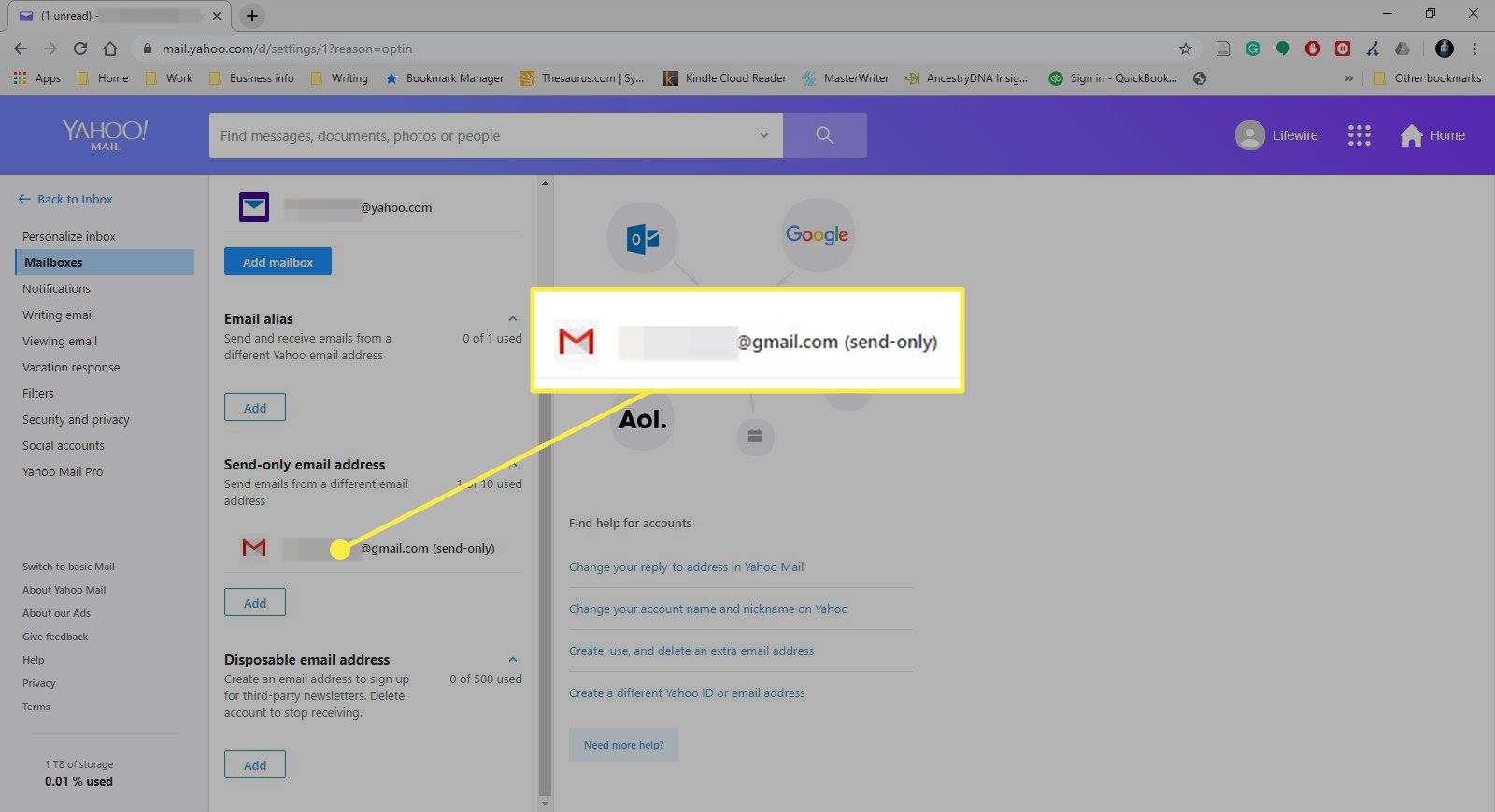 Snímek obrazovky sekce Poštovní schránky Yahoo Mail se zvýrazněnou druhou adresou