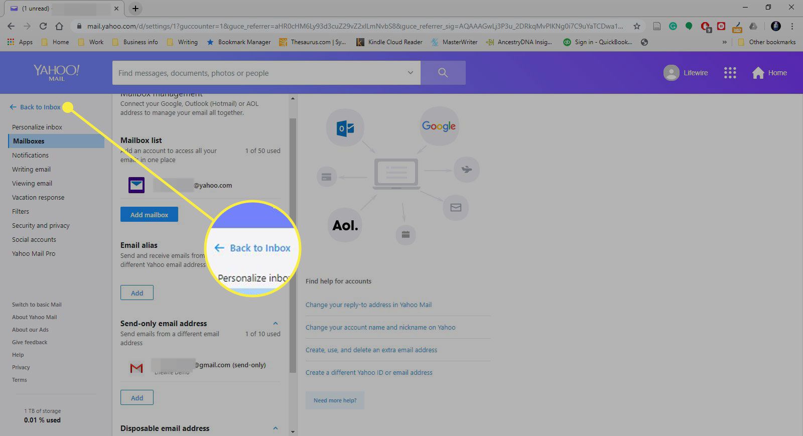 Snímek obrazovky nastavení Yahoo Mail se zvýrazněným tlačítkem Zpět do doručené pošty