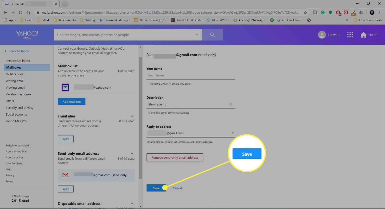 Snímek obrazovky nastavení Yahoo Mail se zvýrazněným tlačítkem Uložit