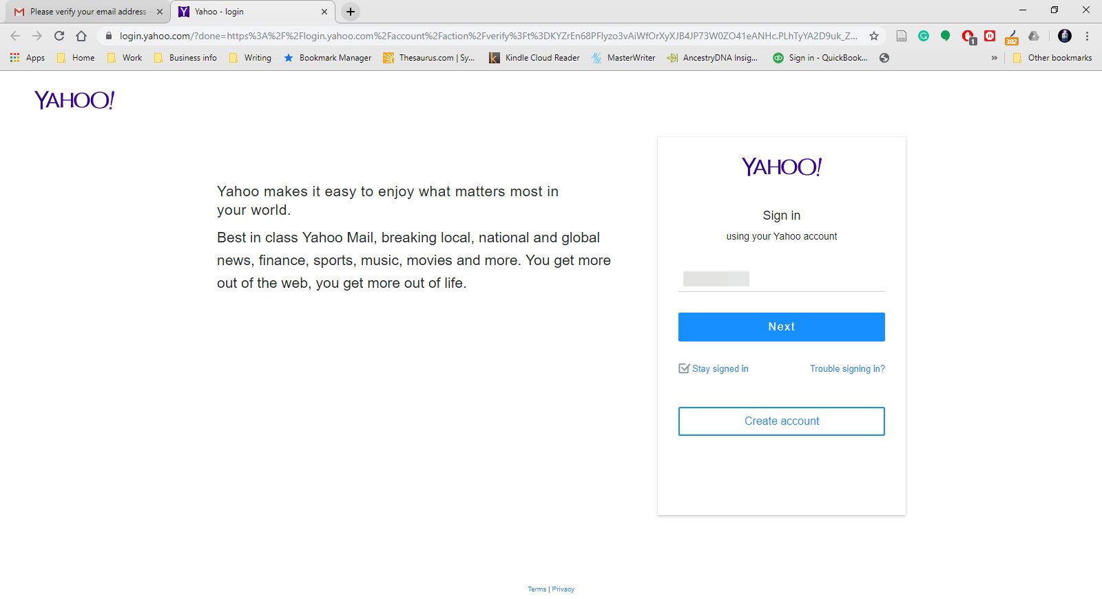 Přihlašovací stránka Yahoo Mail.