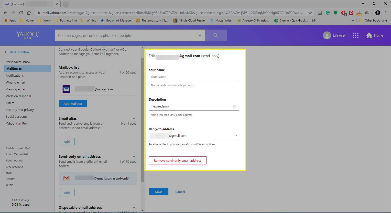 Snímek obrazovky nastavení Yahoo Mail se zvýrazněnými detaily adresy pouze pro odesílání