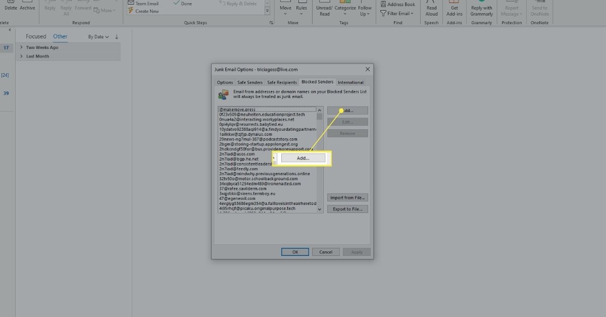 Tlačítko Přidat na kartě Blokovaní odesílatelé v možnostech nevyžádané pošty aplikace Outlook