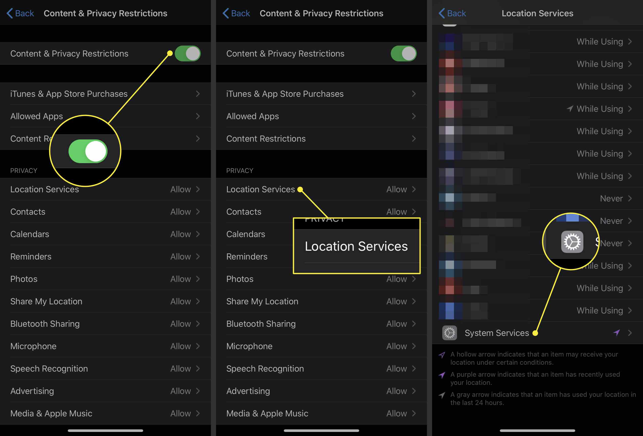 Snímky obrazovky iPhonu zobrazující omezení obsahu a soukromí, polohové služby a systémové služby