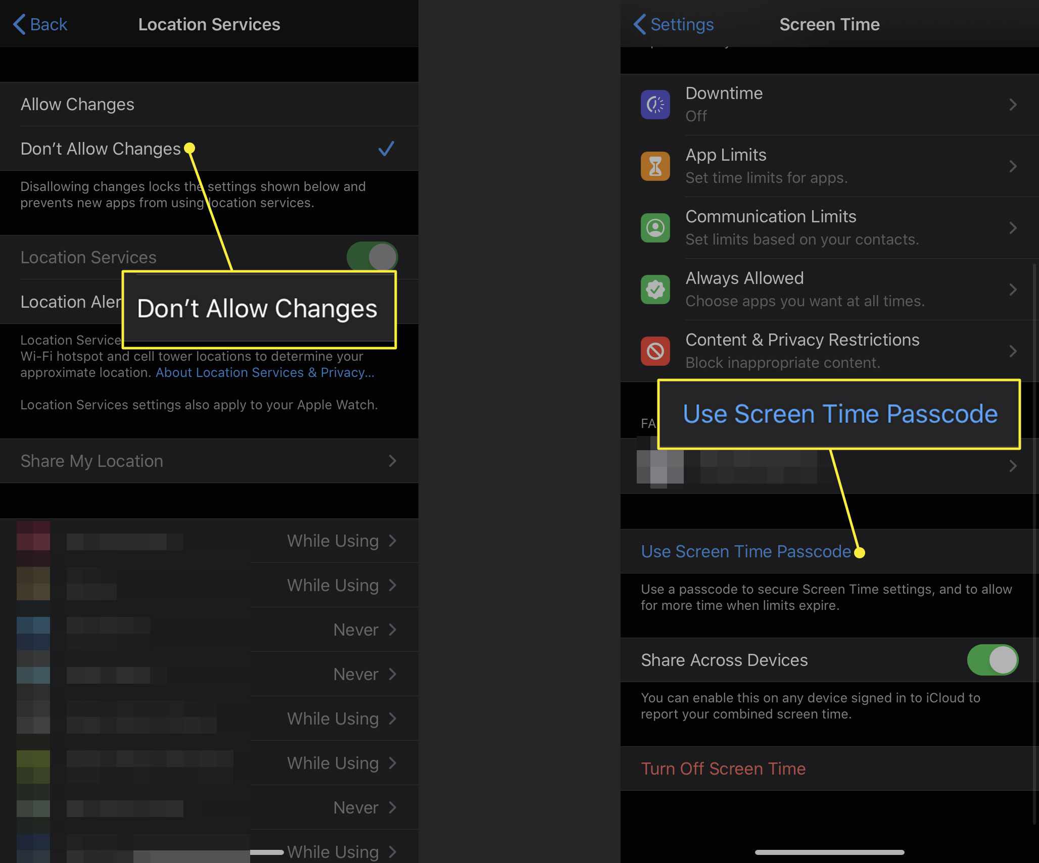 Snímky obrazovky iPhone zobrazující "Nepovolit změny" a "Použijte kód času na obrazovce" zvýrazněné příkazy