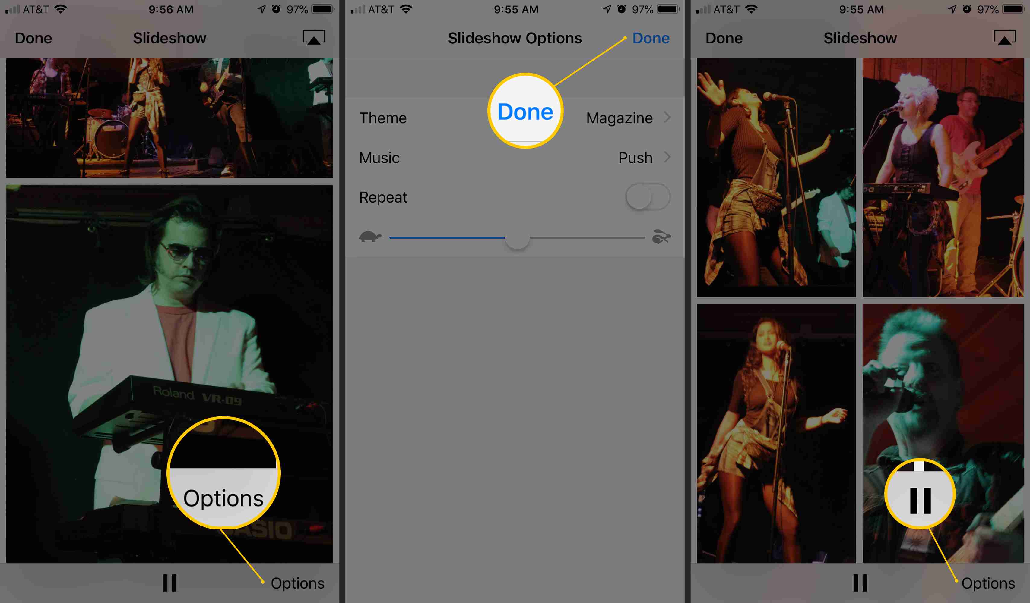 Tři obrazovky iOS zobrazující tlačítka Možnosti, Hotovo a Pozastavit v rozhraní Prezentace pro aplikaci Fotky