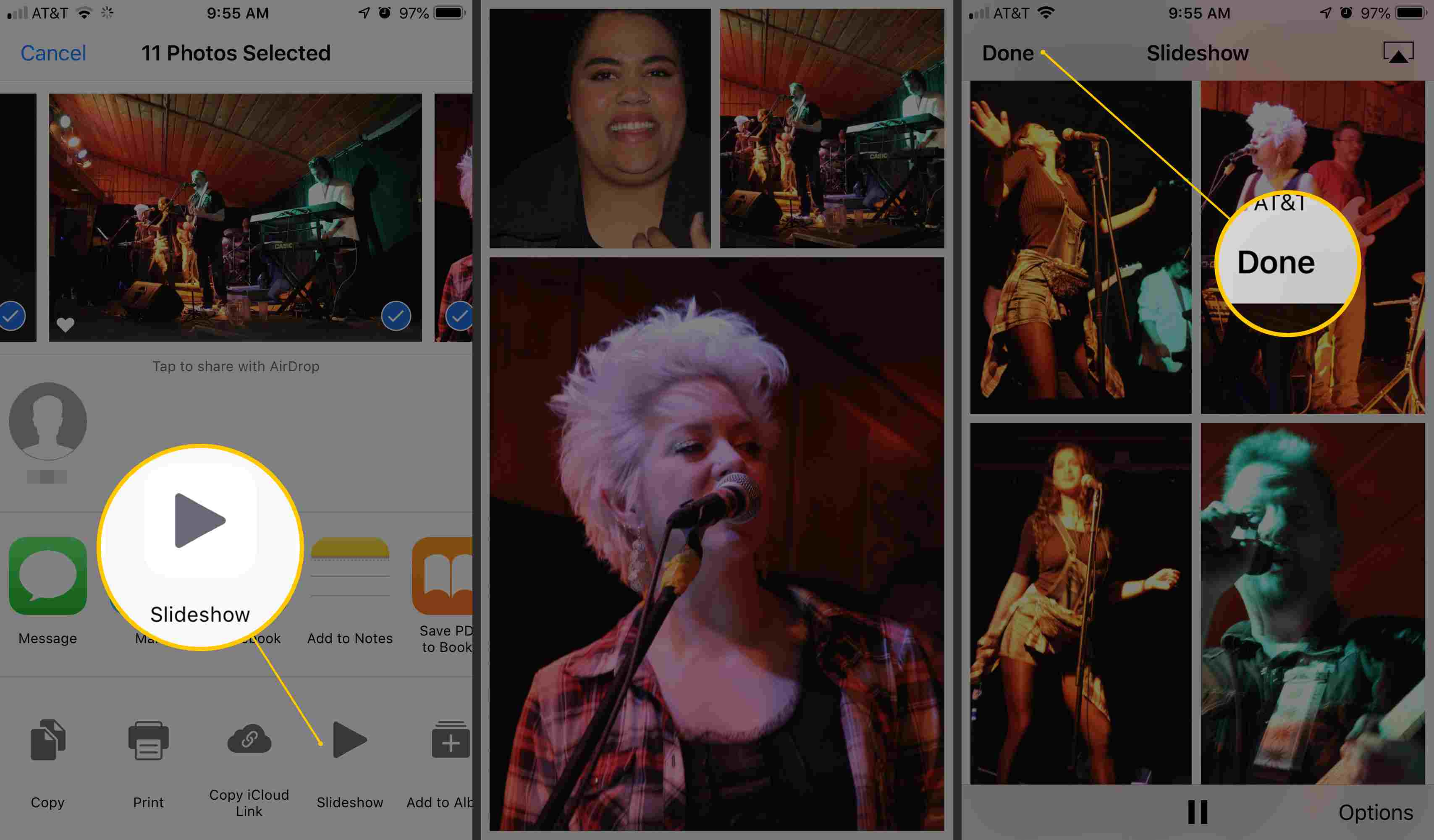 Tři obrazovky iOS zobrazující tlačítko pro sdílení prezentace, přehrávání prezentace a poté tlačítko Hotovo