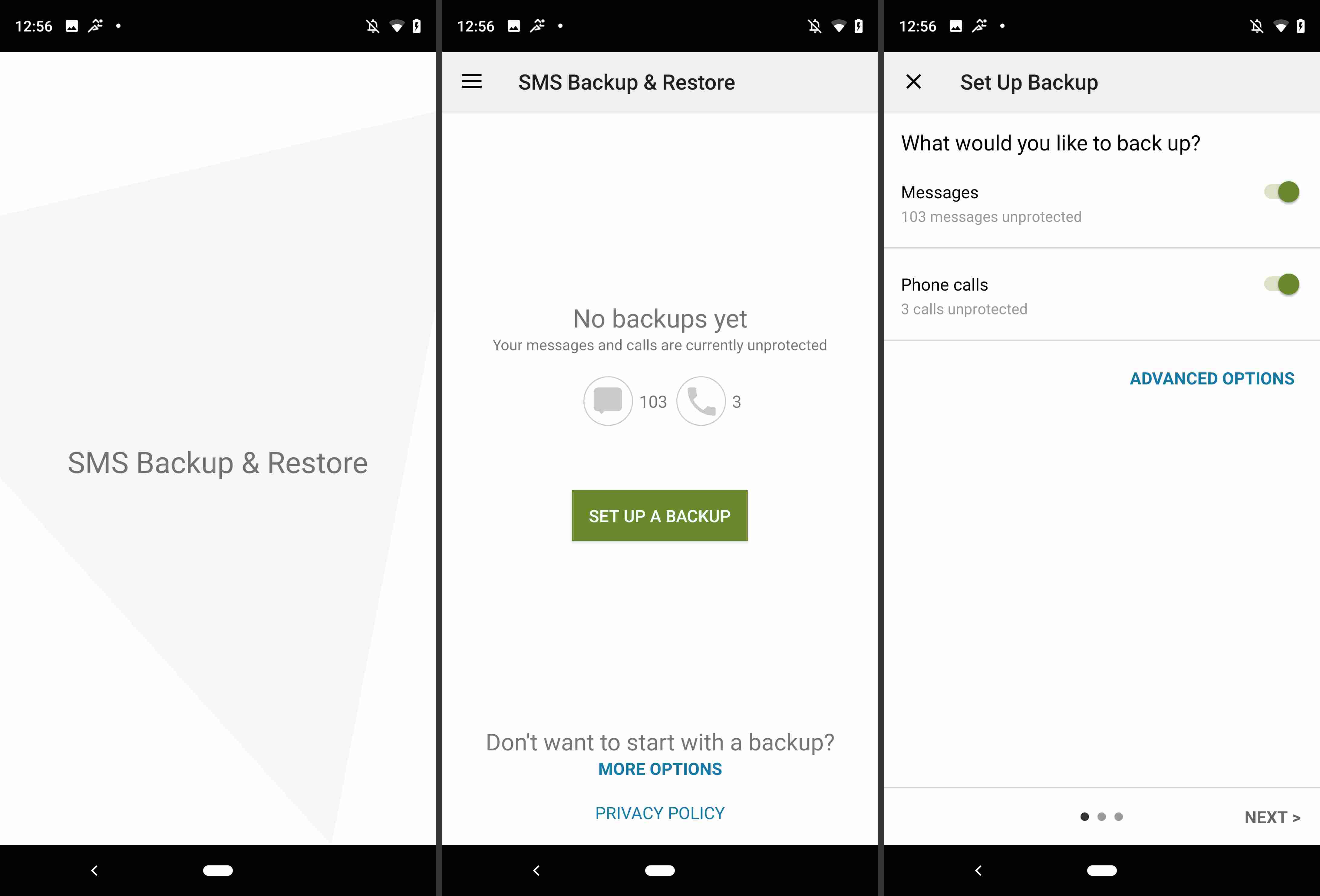 Tři obrazovky z aplikace SMS Backup & Restore pro Android