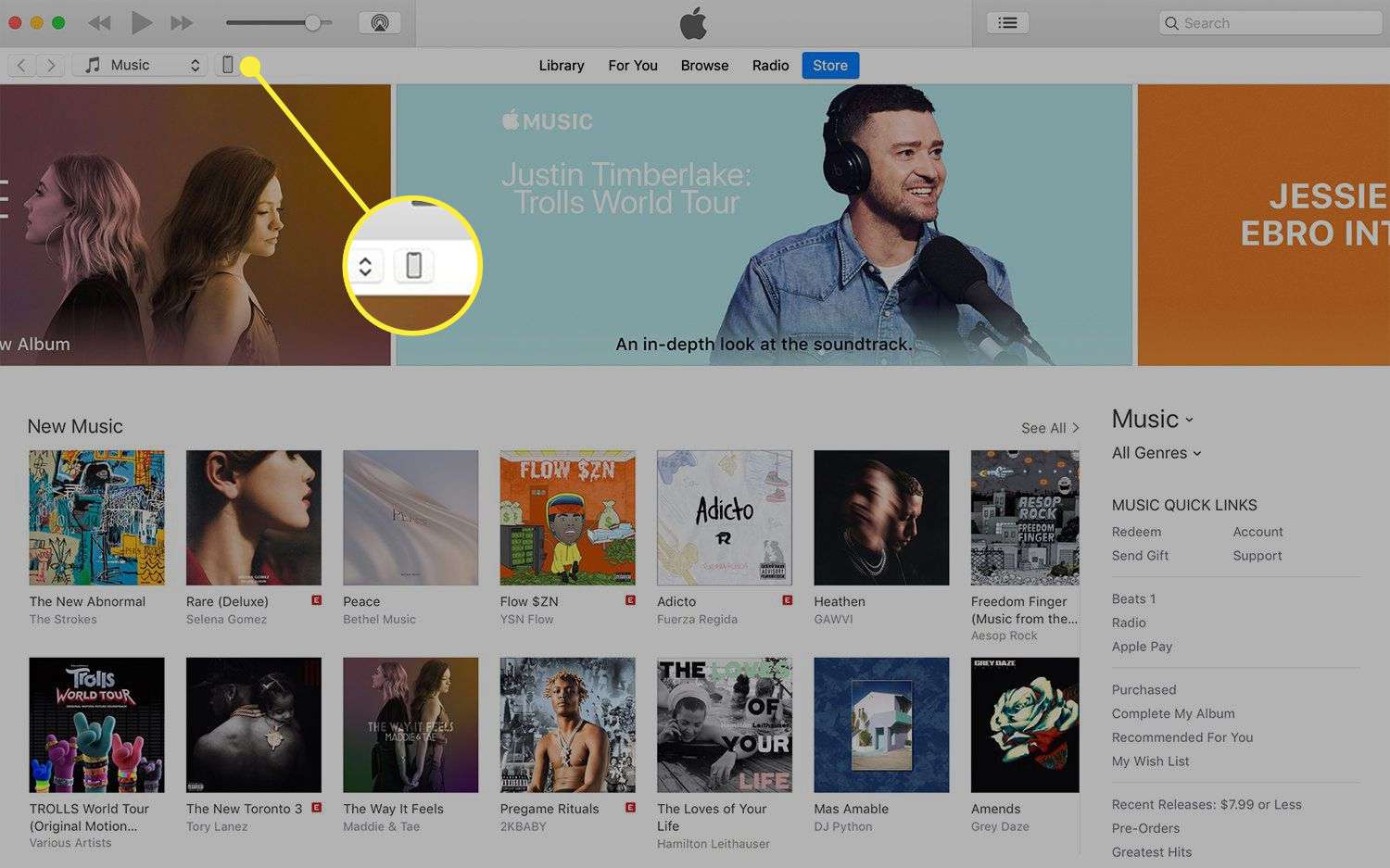 iTunes na Macu se zvýrazněnou ikonou iPhonu